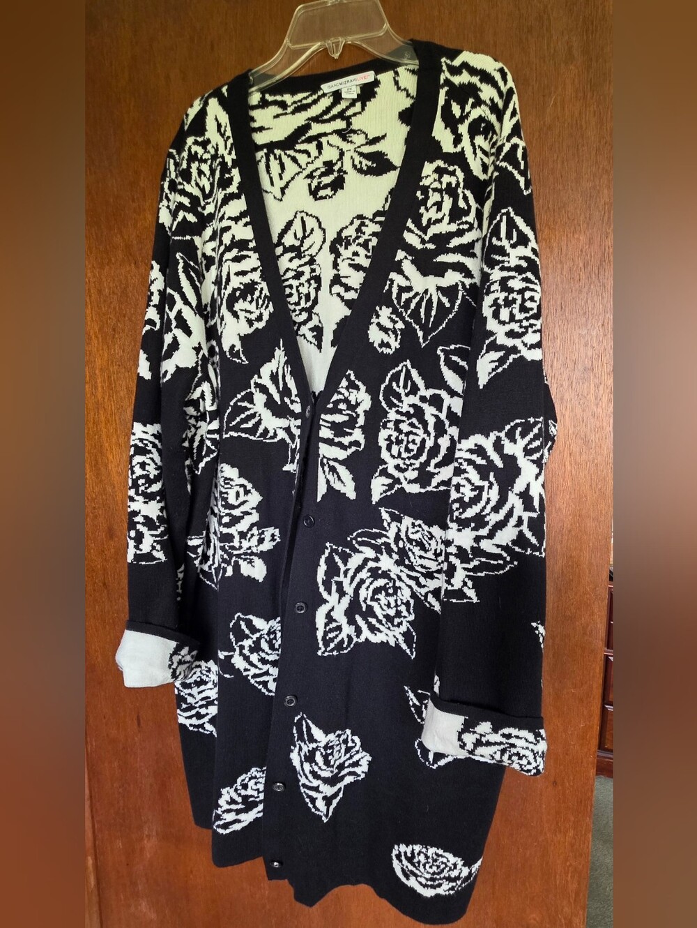 Isaac Mizrahi Black and White Floral Button-Front Cardigan